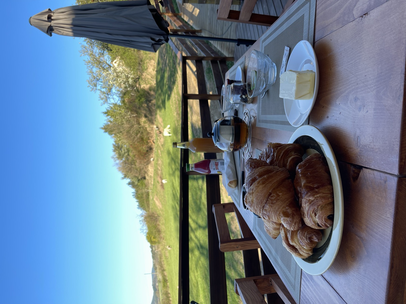 Petit-déjeuner sur la terrasse, croissants et vue sur la prairie